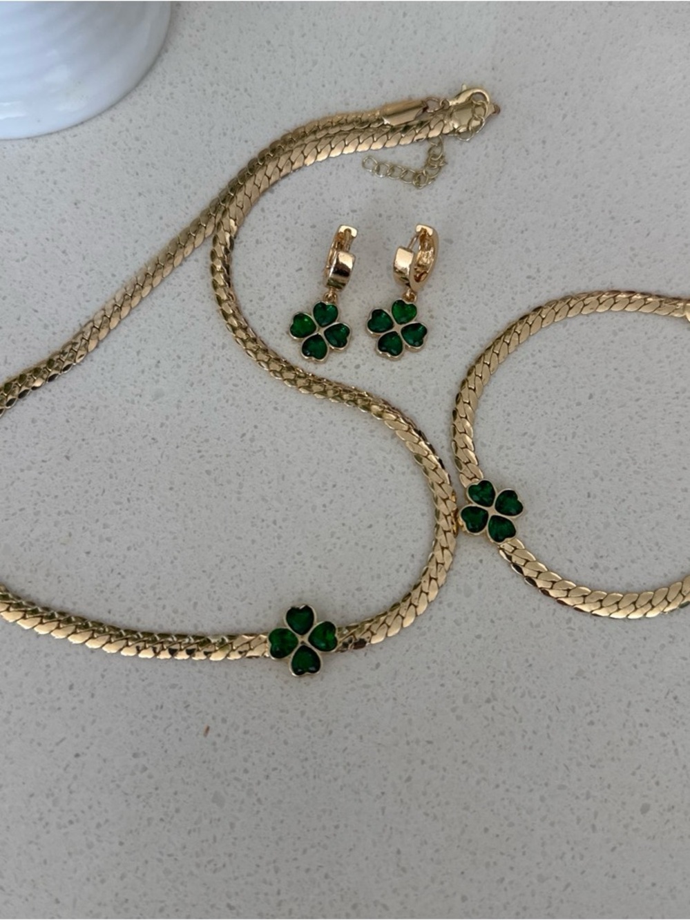 Gold-Tone Necklace and Bracelet Set with Green Clover Accents